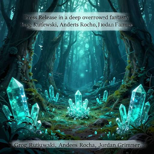 Digital artwork of a mystical forest with glowing blue crystals, illuminated by ethereal light. Text reads: 