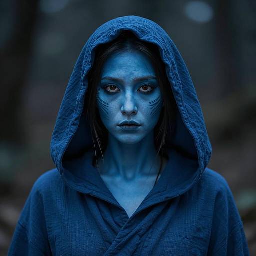 Blue Faced Woman in Hooded Robe