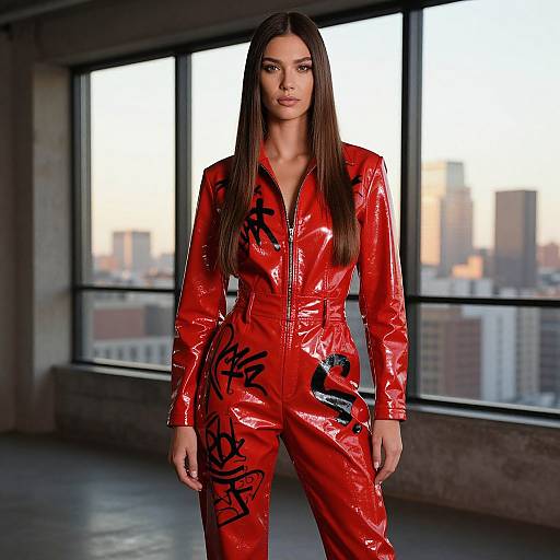 Photograph of a tall, slim woman with long brown hair, wearing a shiny red latex jumpsuit with black graffiti, standing in a sunlit urban