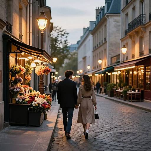 Photograph of a romantic evening in a cobblestone Parisian street, with a man and woman walking hand-in-hand past lit flower shops and warm