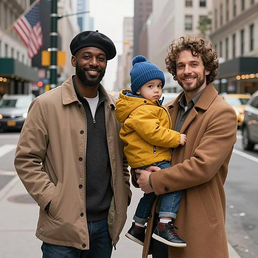 Family Moment on a Busy City Street