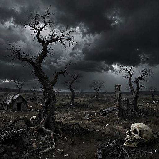 Dark, eerie photograph of a desolate, stormy graveyard with twisted, leafless trees, dilapidated wooden structures, and scattered bones and skulls