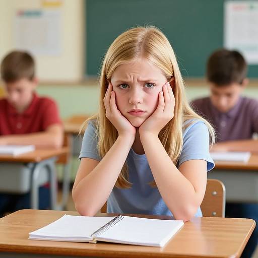 Photograph of a blonde, blue-eyed girl with hands on her cheeks, looking frustrated in a classroom with blurred boys in background.