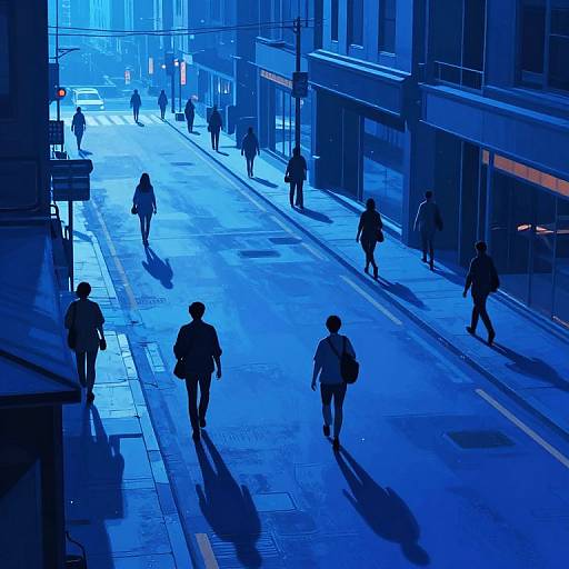 Photograph of a neon blue-lit city street at night, showing silhouetted pedestrians walking along the sidewalk and road, casting long shadows,