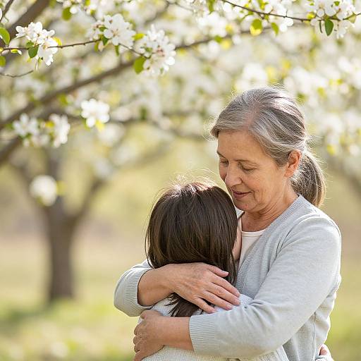 Photograph of a gray-haired elderly woman in a light gray sweater hugging a young girl with long black hair, surrounded by blooming white cherry bloss