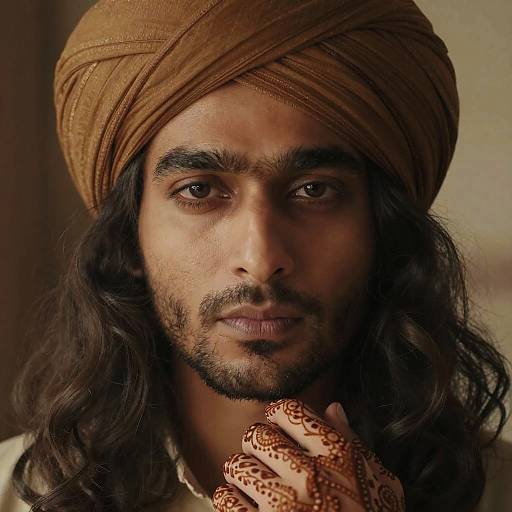 Photograph of a serious-looking South Asian man with long black hair, brown turban, dark beard, and intricate henna on his hand.
