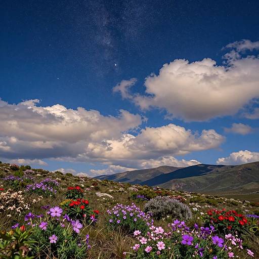 Vibrant photograph of a mountainous landscape with colorful wildflowers, purple, pink, and red, under a bright blue sky with fluffy white clouds