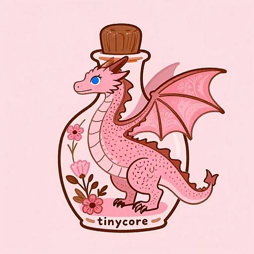 Cute pink cartoon dragon with blue eyes and pink wings inside a floral glass bottle with a cork, labeled 