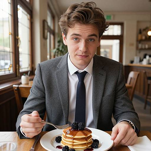 Photograph of a young man with curly brown hair, blue eyes, wearing a gray suit and black tie, eating pancakes with berries in a sunny,