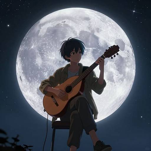 Anime Lute Player Beneath Ethereal Moon