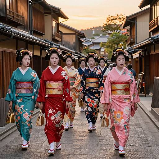 Geishas Walking Kyoto Street Sunset