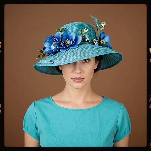 Photograph of a fair-skinned woman with blue eyes, wearing a turquoise hat adorned with blue flowers and green leaves, and a matching turquoise top,