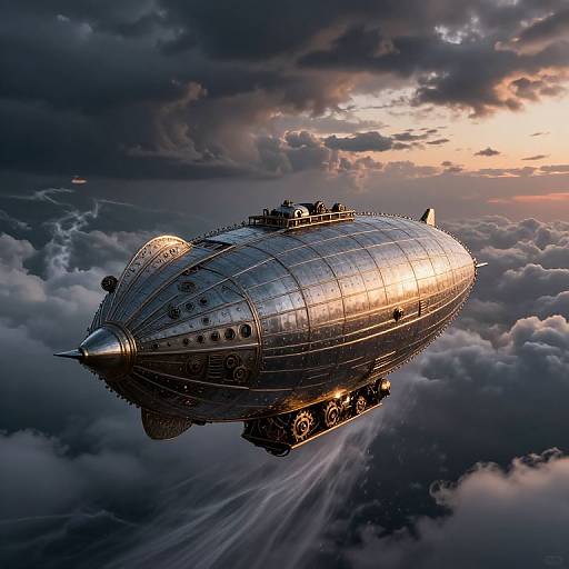 Photorealistic digital art of a silver, zeppelin-like airship with a domed top, flying through a cloudy sunset sky.