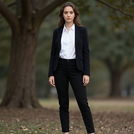 Photograph of a young woman with light brown skin and shoulder-length dark brown hair, wearing a black blazer, white shirt, and black pants,