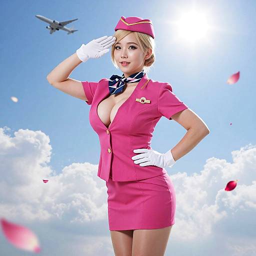 CGI image of a sexy blonde flight attendant in a pink uniform, white gloves, and hat, saluting with a clear blue sky and an airplane