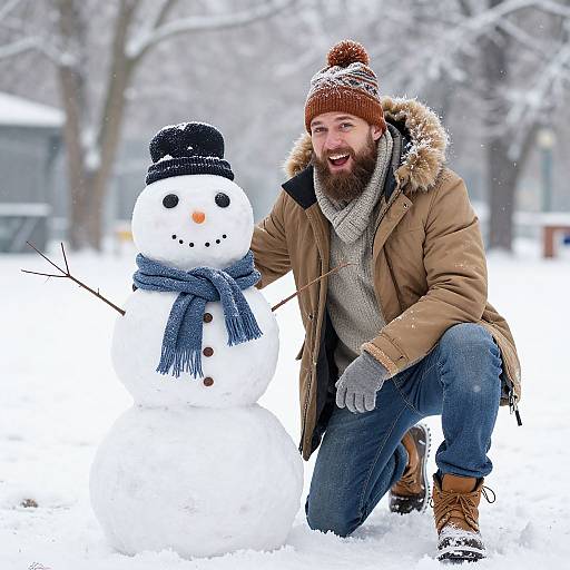 Photograph of a bearded man in a tan coat and red beanie crouching beside a snowman with a black hat and blue scarf in