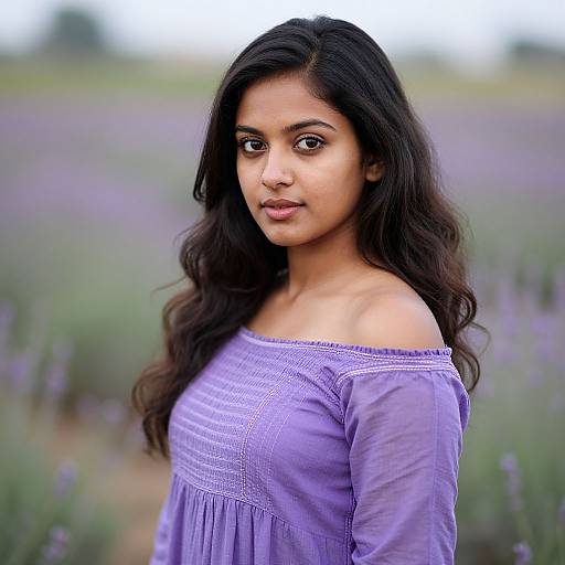 Photograph of a young South Asian woman with long, wavy black hair, wearing a purple off-shoulder top, standing in a lavender field