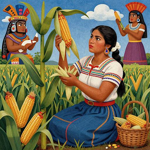 Vibrant digital illustration of three indigenous women harvesting corn, wearing traditional Mexican attire, with colorful headdresses, in a lush field.