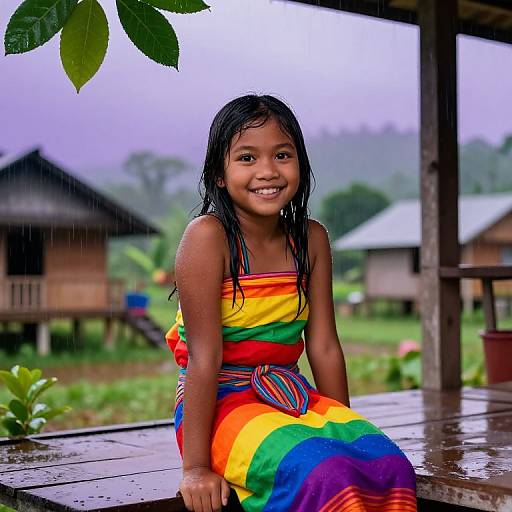 Photograph of a smiling young girl with wet black hair, wearing a vibrant rainbow-striped dress, sitting on a wooden porch during a rainy day, with