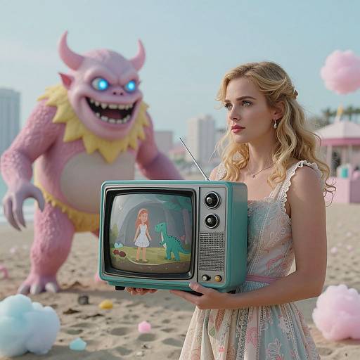 Blonde woman in pastel dress holds vintage TV showing pink monster; monster looms behind, beach background. CGI, whimsical, surreal style.