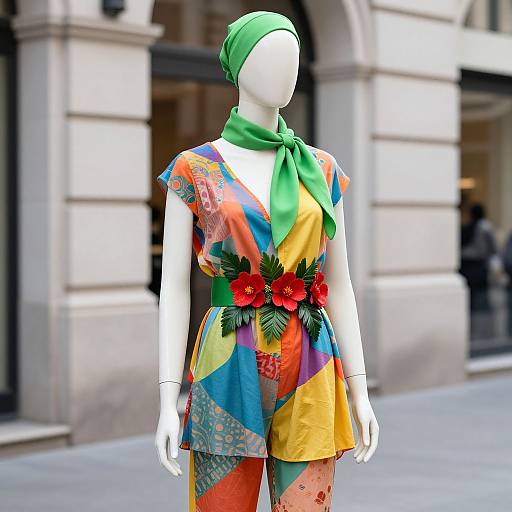 Photograph of a white mannequin wearing a colorful, patchwork dress with green scarf, matching green headband, and red flower belt, standing