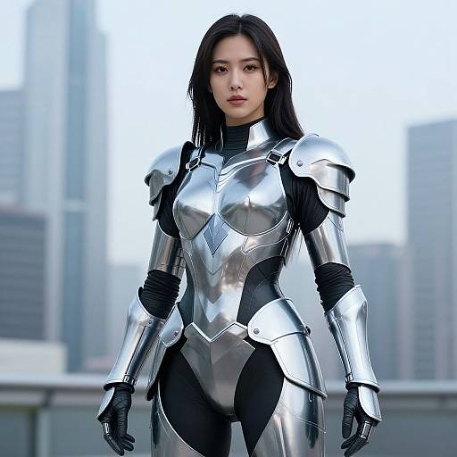 Photorealistic CGI of an Asian woman with long black hair in shiny silver and black armor, standing confidently against a cityscape background.