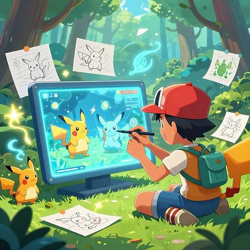 Digital anime-style illustration of a boy with a red cap, white shirt, and blue shorts, drawing Pikachu on a glowing tablet in a sunny forest,