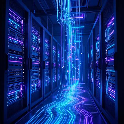 Photograph of a futuristic data center with glowing blue and purple neon lines illuminating rows of server racks in a dark, tech-filled hallway.