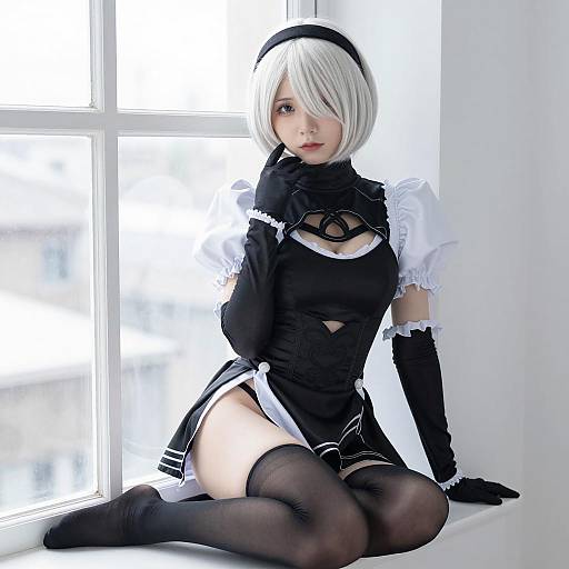 Cosplayer in Black and White Outfit by Window