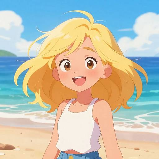 Digital anime-style drawing of a cheerful blonde girl with large brown eyes, wearing a white tank top and blue shorts, standing on a sunny beach with blue