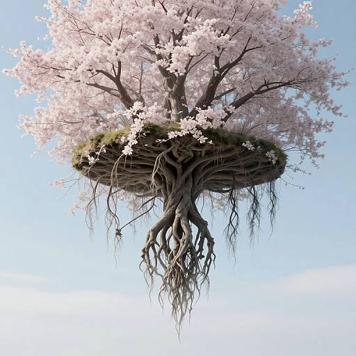 Floating cherry blossom tree with sprawling roots against a clear blue sky, digitally rendered, showcasing a whimsical, fantasy-like atmosphere.