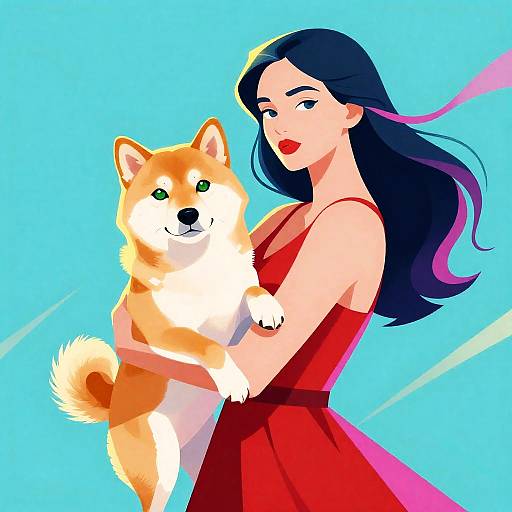 Woman Holding Shiba Inu Dog Illustration