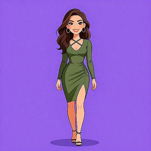 Digital cartoon of a smiling woman with long brown hair, wearing a green, long-sleeved, high-slit dress, and black heels, against