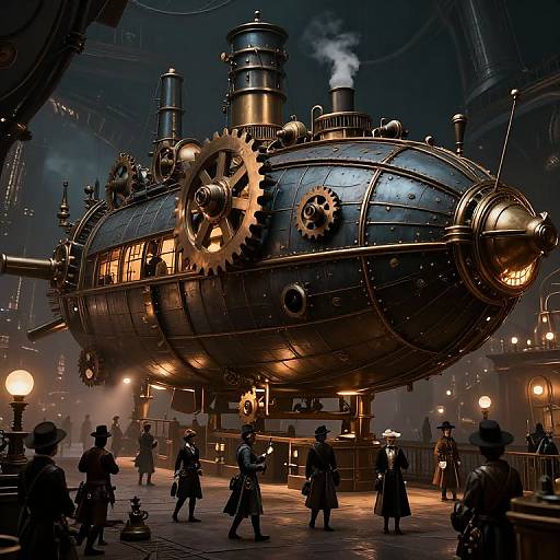 Steampunk-style digital illustration of a massive, gear-filled, steam-powered airship in a dimly lit, foggy industrial hangar with sil