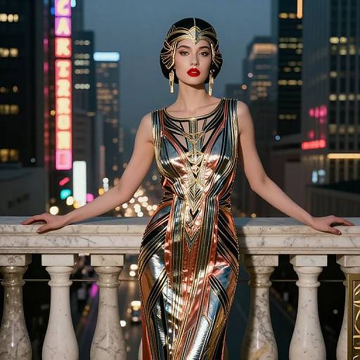 Photograph of a poised woman with red lipstick, wearing a shimmering gold and black Art Deco dress, standing on a marble balcony at night,