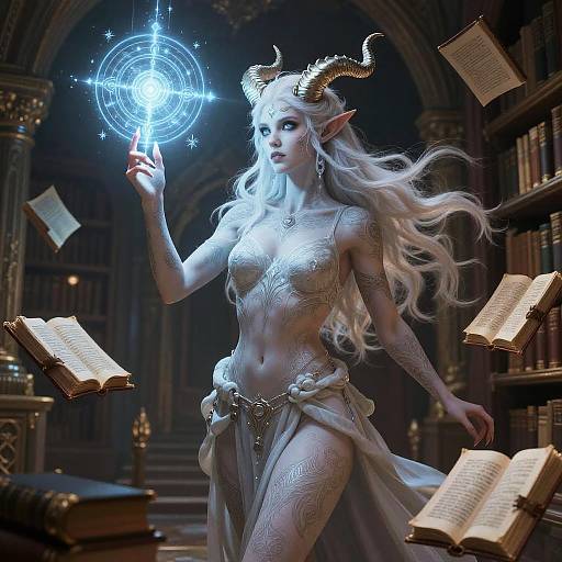 Albino Tiefling Mage in Ancient Library