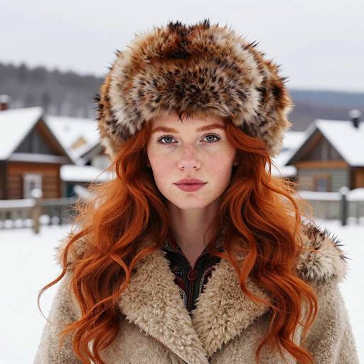 Photograph of a fair-skinned, red-haired woman with freckles, wearing a fur hat and beige coat, standing in a snowy village.