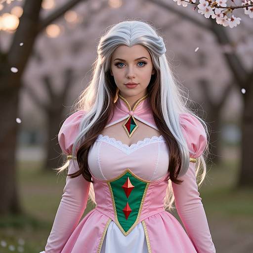 Photograph of a young woman in a pink and white cosplay dress with green and red accents, long white and brown hair, standing in a cherry blossom