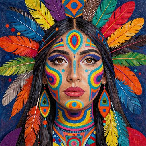 Digital artwork of a Native American woman with colorful feather headdress, face painted in vibrant orange, blue, and yellow patterns, against a dark blue background