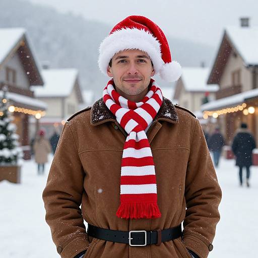 Photograph of a smiling man in a brown coat, red Santa hat, and red-and-white striped scarf, standing in a snowy Christmas market.