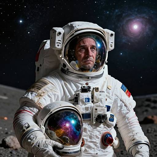 Photorealistic digital image of a middle-aged man in a worn, white space suit with reflective helmet, holding a colorful space helmet, against a star