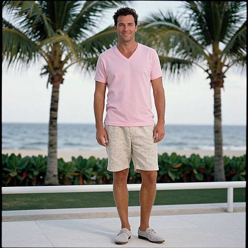 Photograph of a smiling, young, Caucasian man with short black hair, wearing a pink V-neck T-shirt, white shorts, and white sneakers,