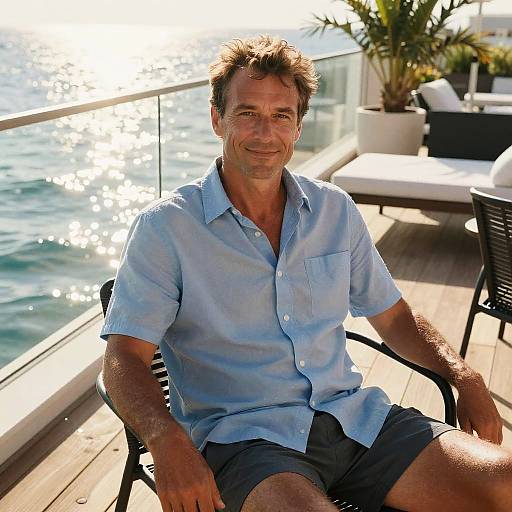 Middle-aged man with short brown hair, wearing light blue shirt and dark shorts, sitting on a sunlit wooden deck by the sea.