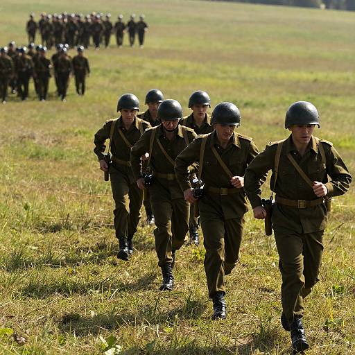 Dynamic Soldiers Running Across Grassy Hill