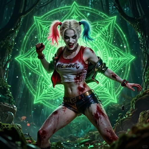 CGI image of Harley Quinn in a blood-stained crop top and shorts, with colorful pigtails, glowing green star backdrop, in a dark