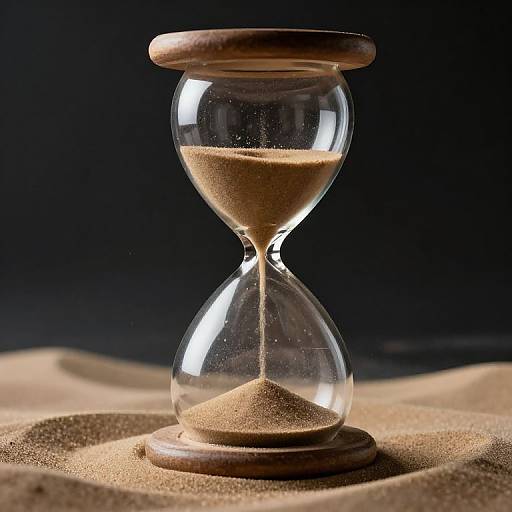 Photograph of a clear glass hourglass with wooden top and bottom, filled with sand, standing on a sandy surface against a dark background.