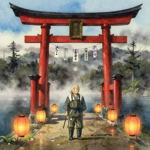Elderly Fisherman at Crimson Torii Gate