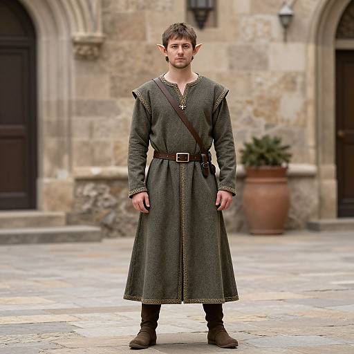 Photograph of a young, white male elf with pointed ears, short brown hair, wearing a dark green medieval tunic, brown belt, and boots