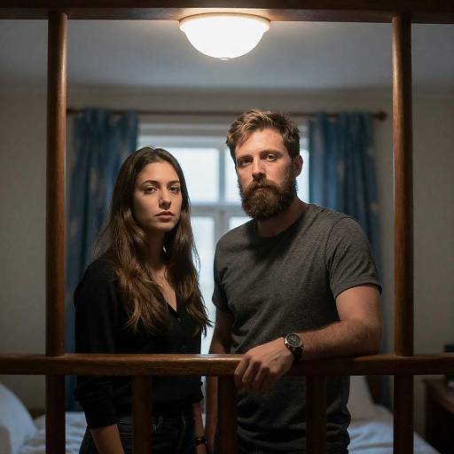 Bearded Man, Woman Behind Wooden Railing