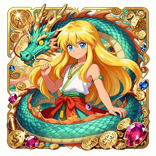 Digital anime-style drawing of a blonde girl with blue eyes, white top, red skirt, and gold armlet, holding a dragon's head surrounded by